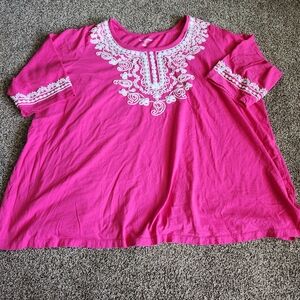 Woman Within Blouse Women's 4X 34/36 Pink Embroidered 3/4 Sleeve Casual Spring